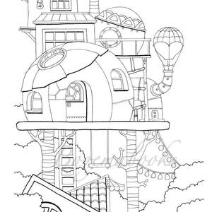 May include: A black and white line drawing of a whimsical treehouse with a round, domed roof, a hot air balloon, and a ladder. The treehouse has a balcony and a chimney. The treehouse is surrounded by clouds.