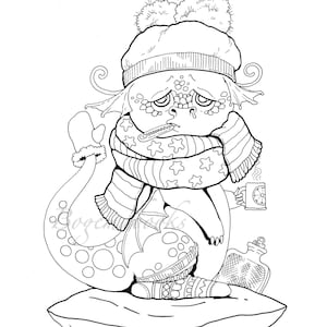 May include: A black and white line drawing of a sick dragon wearing a hat, scarf, and mittens. The dragon is holding a cup of tea and a thermometer. The dragon is sitting on a pillow.