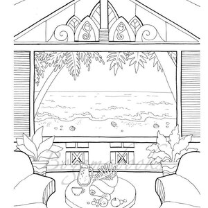 May include: A black and white line drawing of a tropical beach scene with two chairs, a table, and a pitcher of juice. The scene is viewed through a window with a decorative wooden frame.