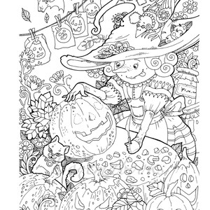 May include: A black and white line drawing of a witch with a large hat, holding a jack-o'-lantern. The witch is surrounded by pumpkins and other Halloween decorations.