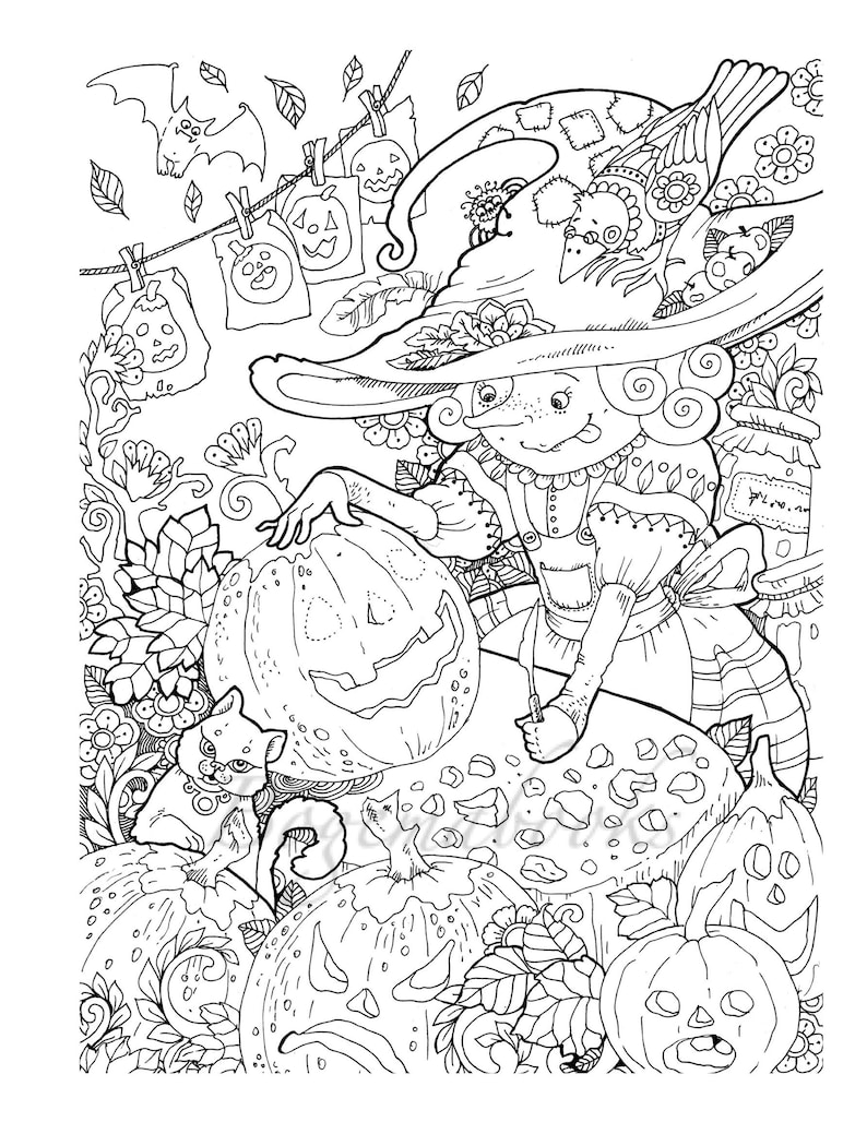 May include: A black and white line drawing of a witch with a large hat, holding a jack-o'-lantern. The witch is surrounded by pumpkins and other Halloween decorations.