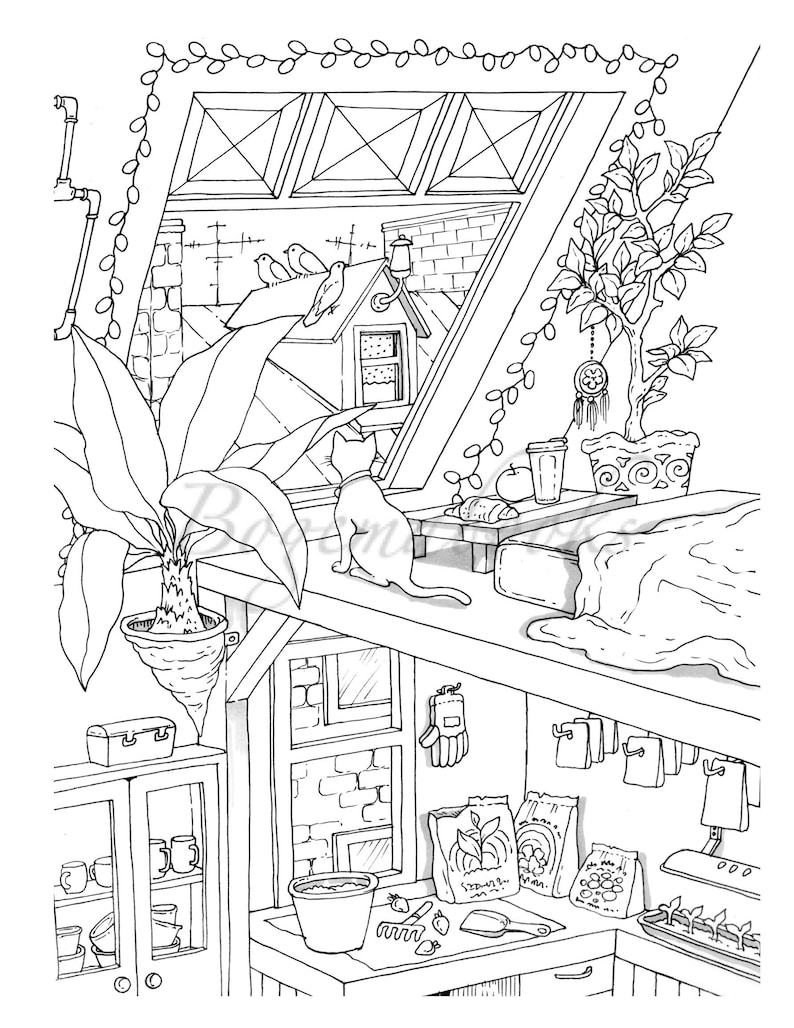 Nice Little Town: Interiors Adult Coloring Book, Coloring pages PDF, Coloring Pages Printable, For Stress Relieving, For Relaxation image 2