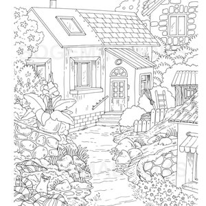 Puede incluir: Un dibujo en blanco y negro de una caba&ntilde;a con un camino de piedra que conduce a la puerta principal. La caba&ntilde;a tiene un peque&ntilde;o jard&iacute;n con flores y &aacute;rboles. Hay un peque&ntilde;o arroyo que atraviesa el jard&iacute;n.