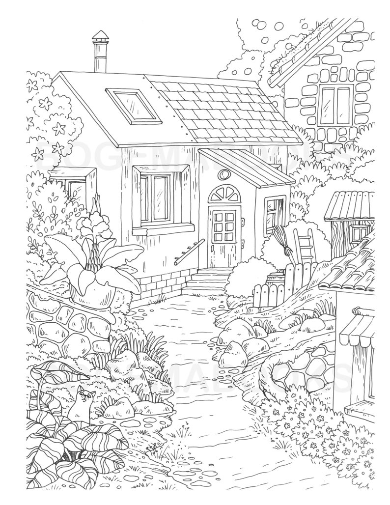 Puede incluir: Un dibujo en blanco y negro de una caba&ntilde;a con un camino de piedra que conduce a la puerta principal. La caba&ntilde;a tiene un peque&ntilde;o jard&iacute;n con flores y &aacute;rboles. Hay un peque&ntilde;o arroyo que atraviesa el jard&iacute;n.