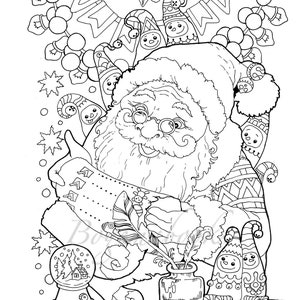 May include: A black and white illustration of Father Christmas writing a list in a festive setting. He is surrounded by elves and a snow globe.