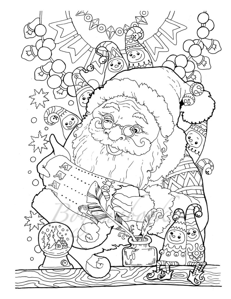 May include: A black and white illustration of Father Christmas writing a list in a festive setting. He is surrounded by elves and a snow globe.