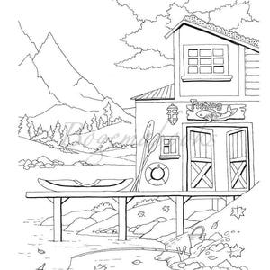 May include: A black and white line drawing of a lakeside cabin with a dock and a boat. The cabin has a sign that says "Fishing" and a window with a view of the mountains. There are trees and rocks in the background.
