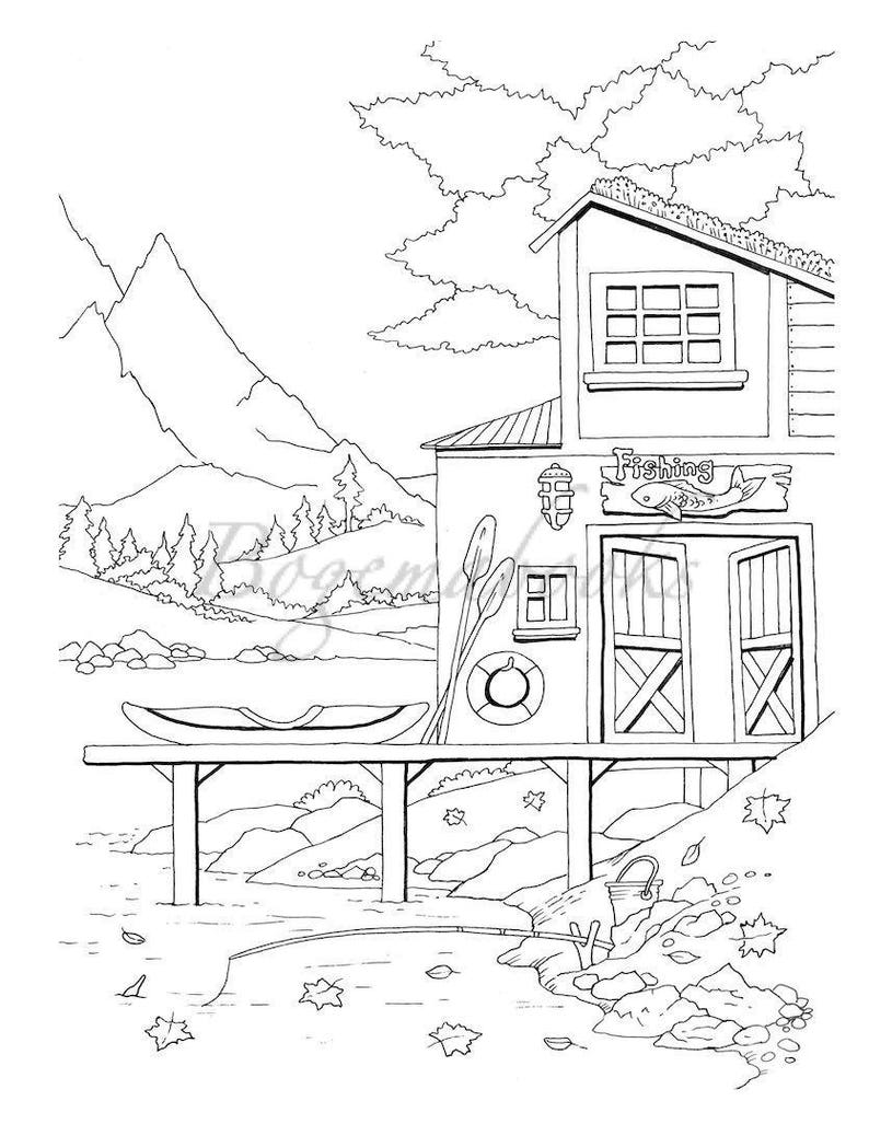 May include: A black and white line drawing of a lakeside cabin with a dock and a boat. The cabin has a sign that says "Fishing" and a window with a view of the mountains. There are trees and rocks in the background.