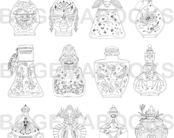Set of magic potions adult coloring pages (Stress Relieving Designes, Art Therapy, Coloring pages, PDF, Digital Download Coloring)