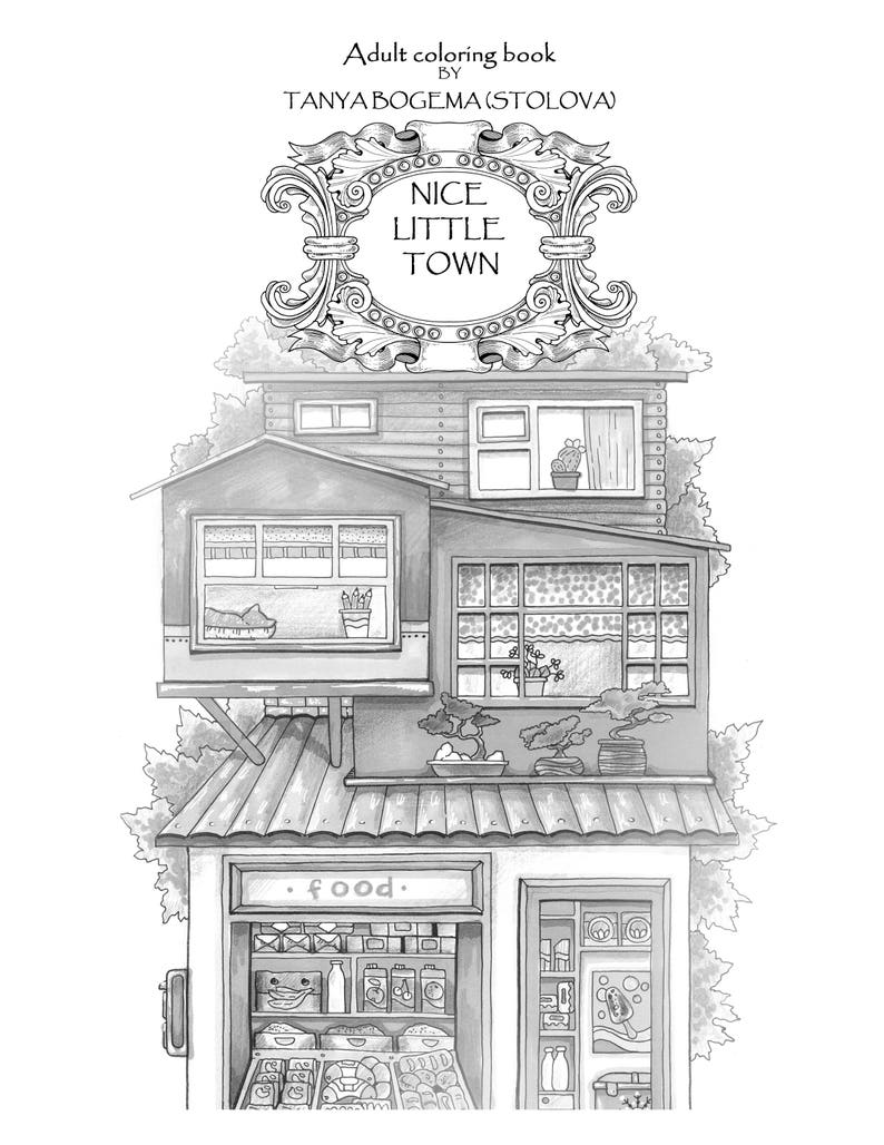 May include: Black and white illustration of a small town with a grocery store, a house, and a sign that says "Nice Little Town".