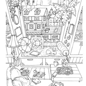 Nice Little Town: Interiors Adult Coloring Book, Coloring pages PDF, Coloring Pages Printable, For Stress Relieving, For Relaxation image 3