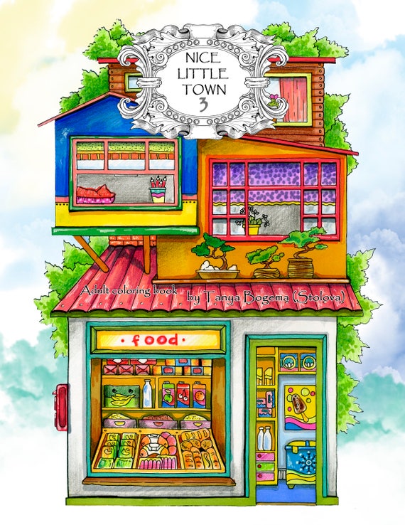 Download Nice Little Town Adult Coloring Book Pdf Digital Pages For Stress Relieving Relaxation