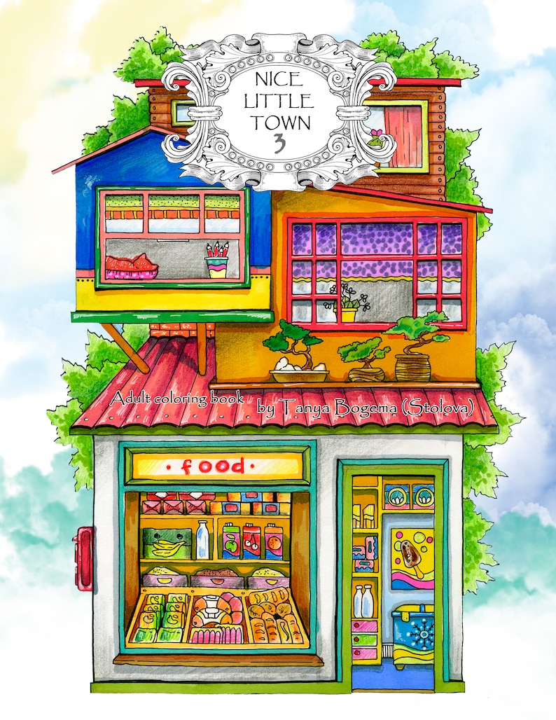 May include: A colorful illustration of a small town building with a red roof and a green awning. The building has a sign that says "&bull;food." The building is surrounded by green trees and a blue sky with white clouds.
