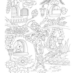May include: A black and white line drawing of a whimsical house with a mouse character on a ladder. The house has a mushroom roof and windows with intricate details. The mouse is wearing a hat and holding a paintbrush.