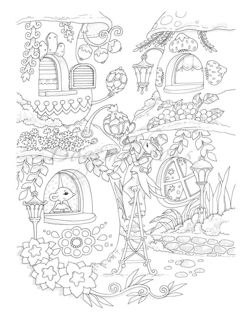 May include: A black and white line drawing of a whimsical house with a mouse character on a ladder. The house has a mushroom roof and windows with intricate details. The mouse is wearing a hat and holding a paintbrush.