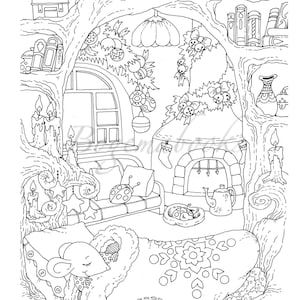 May include: A black and white illustration of a cosy treehouse with a fireplace, a sofa, and a mouse sleeping in a stocking. The treehouse is decorated with Christmas baubles and holly.