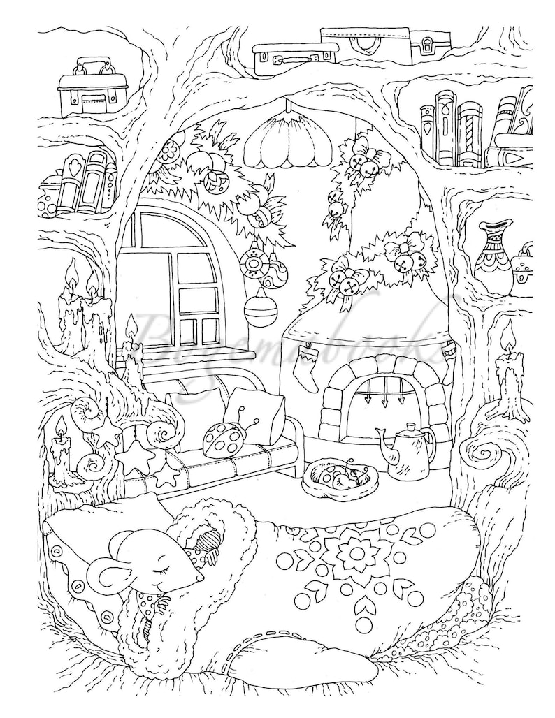 May include: A black and white illustration of a cosy treehouse with a fireplace, a sofa, and a mouse sleeping in a stocking. The treehouse is decorated with Christmas baubles and holly.