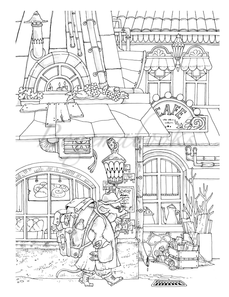 Nice Little Town 8 Adult Coloring Book, Coloring pages PDF, Coloring DIGITAL Pages Printable, For Stress Relieving, For Relaxation image 5