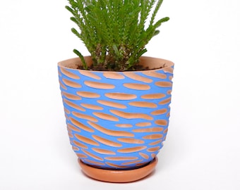 Pot terracotta "Vagues bleues" + coupelle assortie