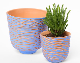 Grand pot terracotta "Vagues bleues" + coupelle assortie