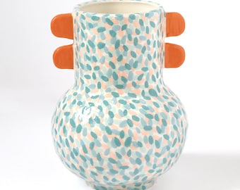 Vase with ears "Rainforest" green & pink dots / Ceramic