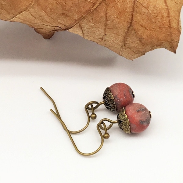 red jasper earrings with bronze bead caps