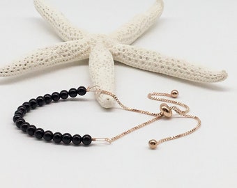 black tourmaline bracelet with a gold or rose gold box chain and 4mm tourmaline beads,