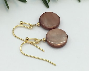 brown sea shell earrings with gold french hooks