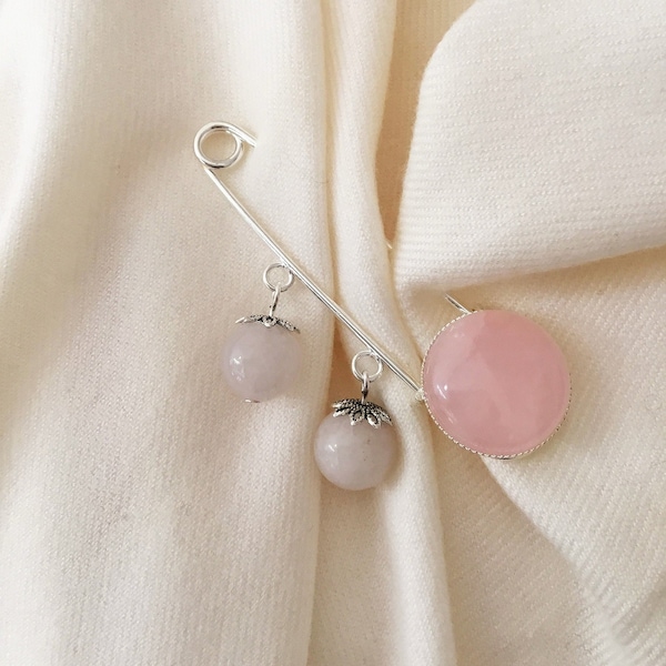 light pink brooch,kilt pins with rose quartz beads,thinking of you gift