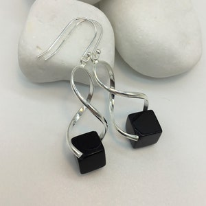 black cube earrings,Capricorn earrings,unusual wishbone earrings,onyx drop earrings
