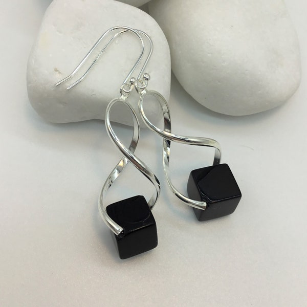 black cube earrings,Capricorn earrings,unusual earrings,onyx drop earrings,wishbone earrings