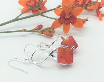 pretty tangerine earrings, wishbone earrings with silver pinch bails, orange flame earrings