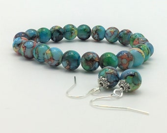 unusual bracelets and earrings,elasticated bracelet with unusual beads,3rd anniversary gift