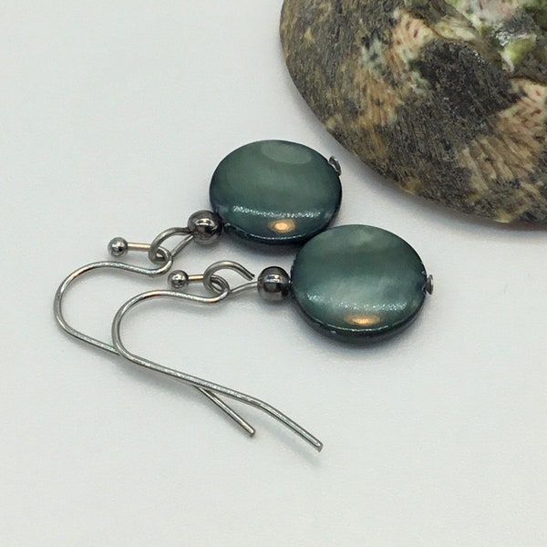 grey,petite drop earrings with dyed mother of pearl beads