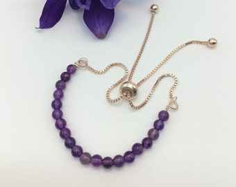 amethyst,rose gold box chain slider with tiny gemstone beads