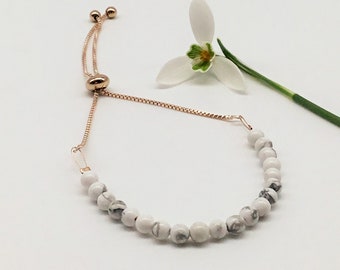 howlite bead bracelet with a rose gold box chain slider,tiny gemstone beads,