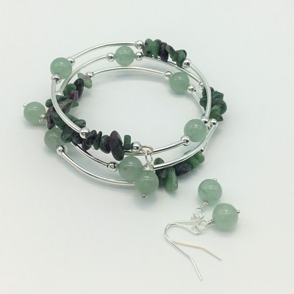 ruby in zoisite and aventurine bracelet with aventurine earrings,mint green earrings