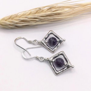 dark mauve earrings, with amethyst beads and silver bead frames,letterbox gifts