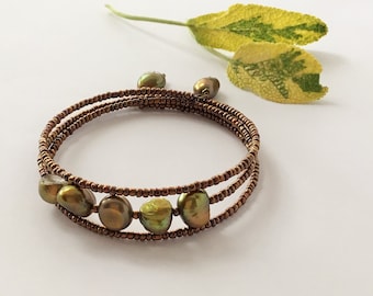 nature inspired,sage green and bronze cuff bracelet,Autumn bracelet,leaf coloured