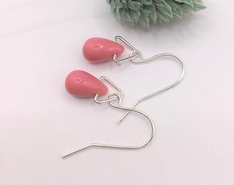 pastel pink earrings with triangle bails,little pink earrings,light pink earrings