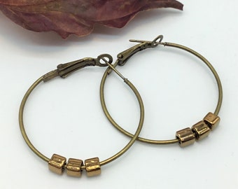 Chunky Bronze Leverback Hoop Earrings with Tan Glass Cube Beads - Shiny Autumn Jewelry