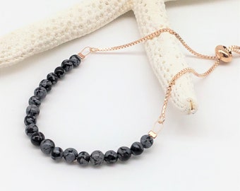 snowflake obsidian,petite bracelet with a rose gold box chain
