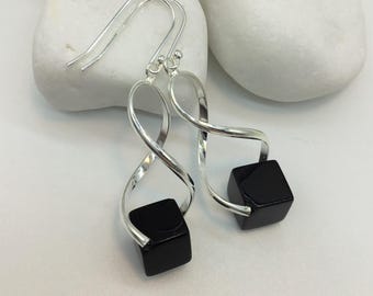 black cube earrings,Capricorn earrings,unusual wishbone earrings,onyx drop earrings
