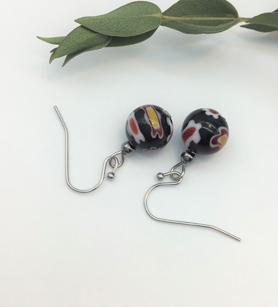 black Millefiori,fused glass earrings,short drop earrings