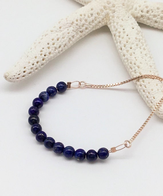 lapis lazuli crystal bracelet with a rose gold box chain