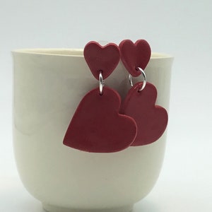 Pendientes de corazón grande, pendientes de Fimo rojo