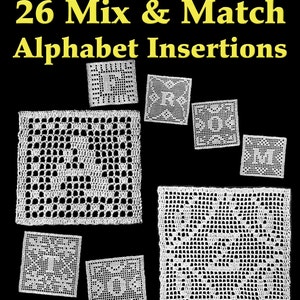 Patrón de crochet de filete con 26 inserciones del alfabeto para mezclar y combinar