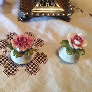 Peut inclure: Deux vases à fleurs en porcelaine avec des fleurs roses et blanches et des feuilles vertes. Les vases sont blancs avec une surface texturée.