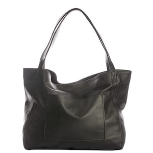 May include: Black leather tote bag with two long shoulder straps and a large exterior pocket. The bag has a simple, minimalist design and is made of a smooth, matte leather. The bag is suitable for everyday use.