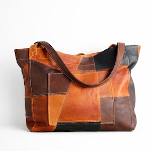 Bolso tote de piel patchwork – Bolso de hombro estilo boho de grano completo, bolso de viaje